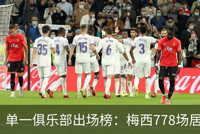 单一俱乐部出场榜：梅西778场居首，科克有望完成超越